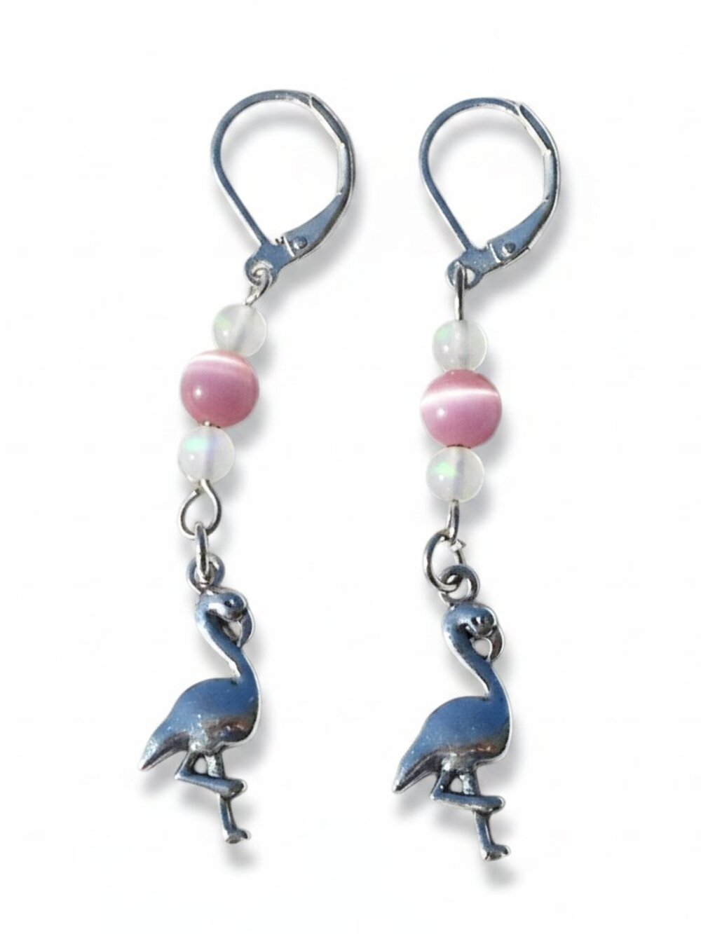 Sterling Silver Pink Flamingo Gemstone Dangle Earrings with Leverbacks, Handmade